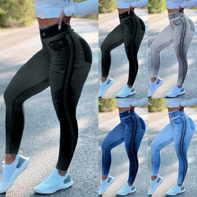 LOVE WOMEN 2050 Vrouwen Faux Denim Jeans Sportleggings Elastische Hoge Taille Slanke Yogabroek Dames Outdoor Pantalon femme S zwart