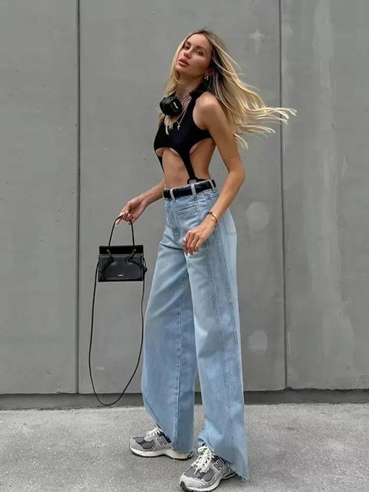 Lovely Ran Vrouwen Broek Vrouw Jeans 2023 Lente Hoge Taille Losse Wijde Pijpen Lange Broek Mode Casual Streetwear Baggy Solid Denim Dame broek XS lichtblauwe kleur