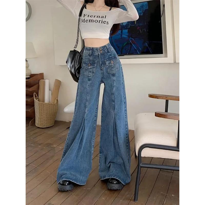 Black Strawberry Cloth Dames jeans met geplooide flare broek lichte bootcut bell bottom denim broek y2k hoge taille plus size wijde pijpen blauwe jean kleding S blauw