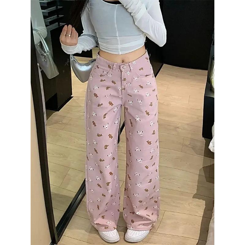 Black Strawberry Cloth Schattige Beer Print Licht Roze Jeans Vrouwen Denim Broek Y2K Hoge Taille 2023 Nieuwe Mode Elegante Slanke Been Kleding Kawaii koreaanse Egirl S roze