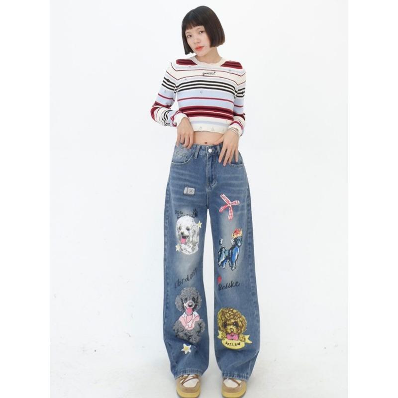 Black Strawberry Cloth Cartoon schattige hond grafische print blauwe jeansbroek losse rechte denimbroek y2k hoge streetwear mode casual S blauw