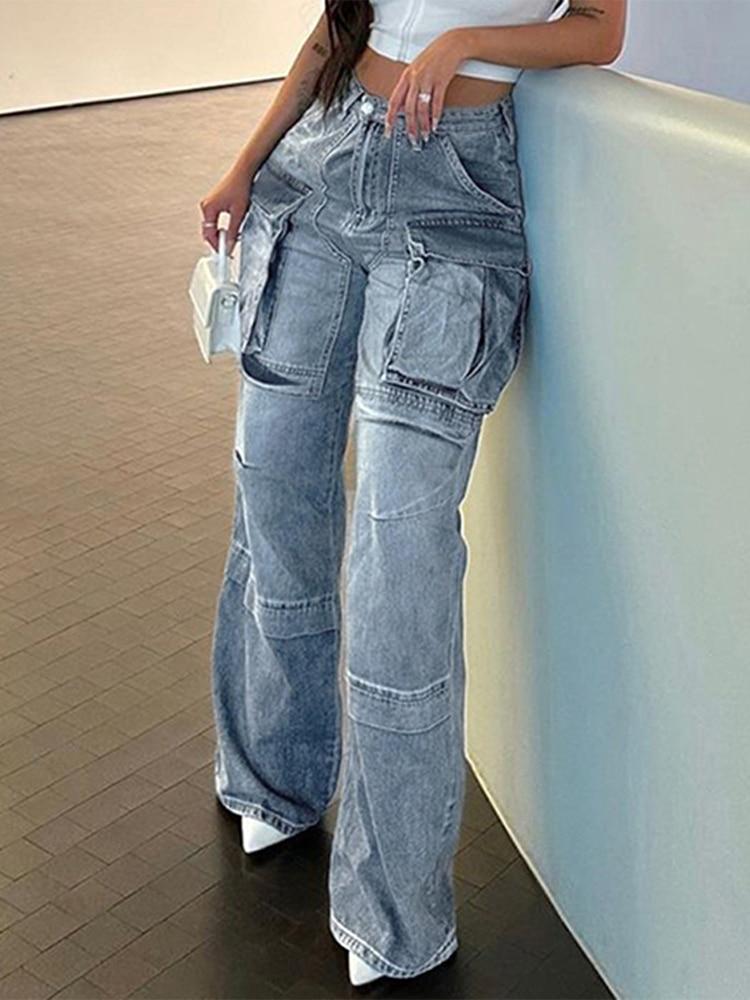 Lovely Ran Hoge Taille Maxi Zakken Jeans Broek Vrouwen Katoen Werkkleding Rechte Been Denim Broek Vrouwelijke Zomer 2023 Losse Casual Broek Dame S blauw