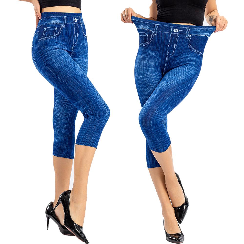 SpeakHero Imitatie-jeans-legging Stretch bedrukte korte leggings Kokerbroek Imitatie-jeans Denim broek Hoge taille-legging S blauw