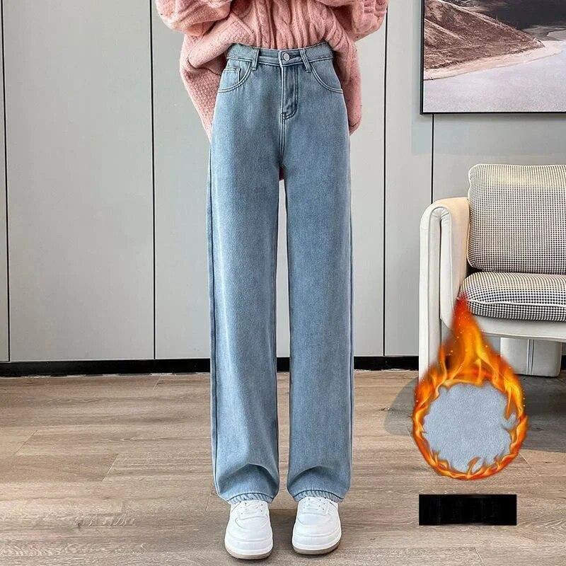 WQJ17EP Herfst Dikker Warme Jeans Vrouwen Solid Losse Rechte Wijde Pijpen Jeans Vrouwen Winter Mode Vintage Denim Broek 30215 L orionkleur