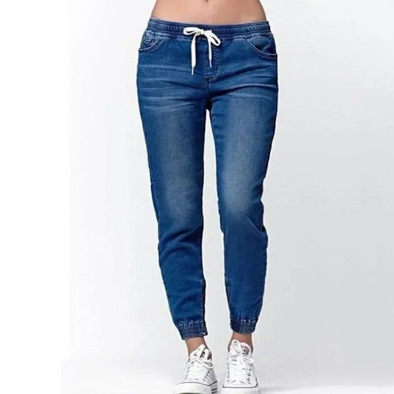 Best do it Sexy Streetwear Losse Denim Jeans Vrouwen Elastische Taille Trekkoord Voeten Gesloten Lantaarn Broek Lente Mode Lange Jeans 30210 S zwart