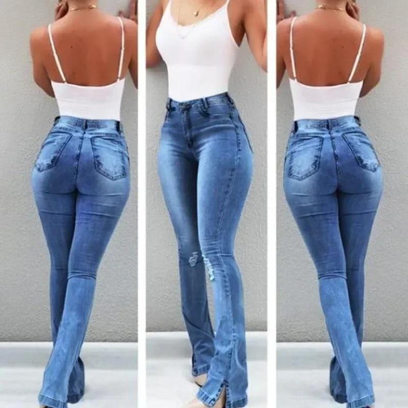 Best do it Kantoor-dame Sexy Solid Hoge Strecth Split Denim Jeans Vrouwen Mode Slanke Ripped Flare Broek Met Zakken Broek 30304 S koningsblauwe kleur