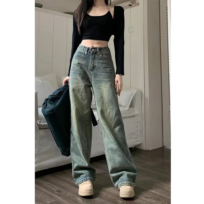 YUMI wardrobe Vintage jaren '90 Baggy Straight Denim Broek Vrouwelijke Y2K Hoge Taille Losse Wijde Pijpen Jeans Vrouwen Streetwear All-Match Casual Broek Nieuw S blauw