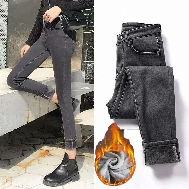 Best do it Mode Kantoor Dame Warme Verdikte Fluwelen Denim Jeans Vrouwen 2023 Sexy Casual Dames Hoge Taille Slanke Strakke Potlood Broek 30318 S zwart