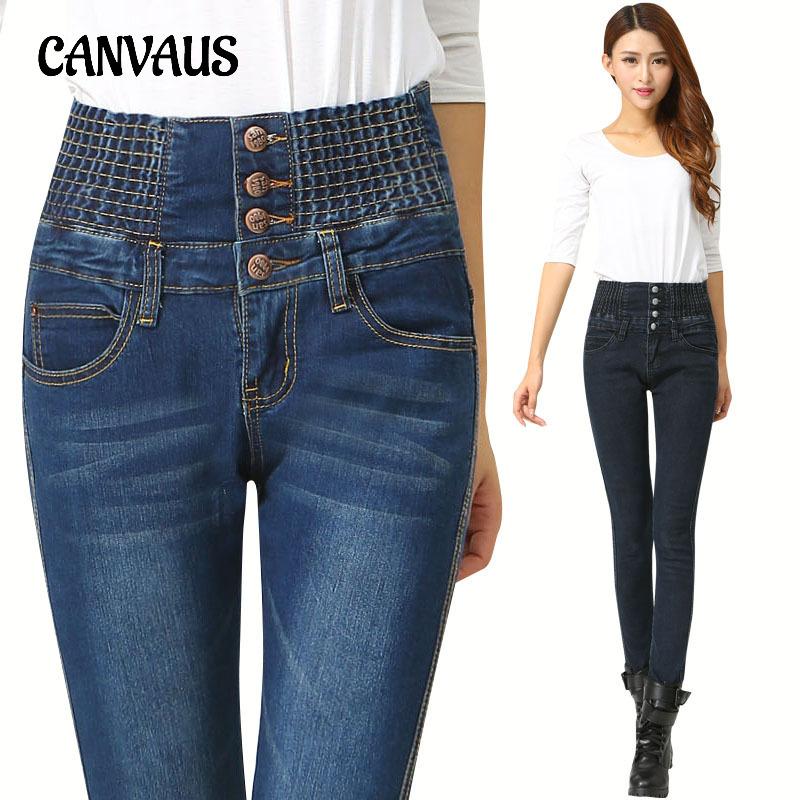 CANVAUS Lente en herfst damesjeans elastische taille hoge taille broek slanke denim jeans knoop strakke potloodbroek 26 zwart