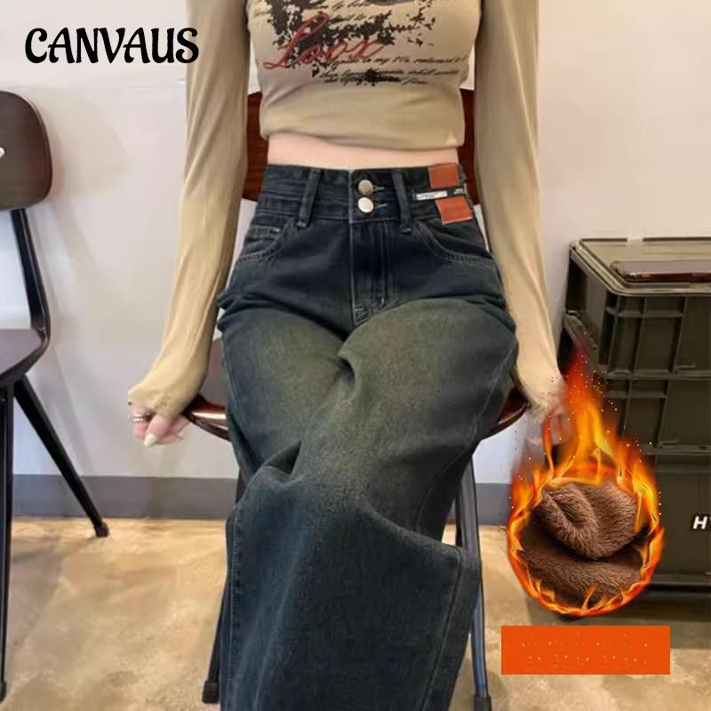 CANVAUS Damesjeans voor herfst en winter Pluche jeans Rechte broek Hoge taille Broek met wijde pijpen Denim jeans Extra lange broek XS