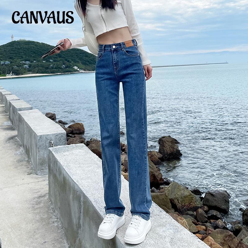 CANVAUS Lente- en herfstjeans Dames Rechte broek met hoge taille Dunne denimjeans 25 blauw