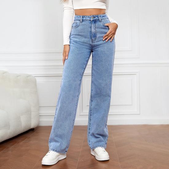 Fungogo Damesjeans Hoge taille Rits Knoopsluiting Effen kleur Slim Fit Wijde pijpen Retro Rechte zakken Zachte kleurvaste dame Volledige lengte denimbroek L zwart