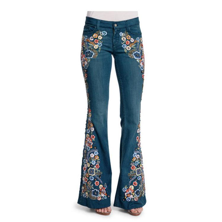 Zhuoneng Clothing Damesjeans Geborduurd Slanke Slanke Uitlopende Broek Broeken Dames Damesbroeken Dames Denim XS