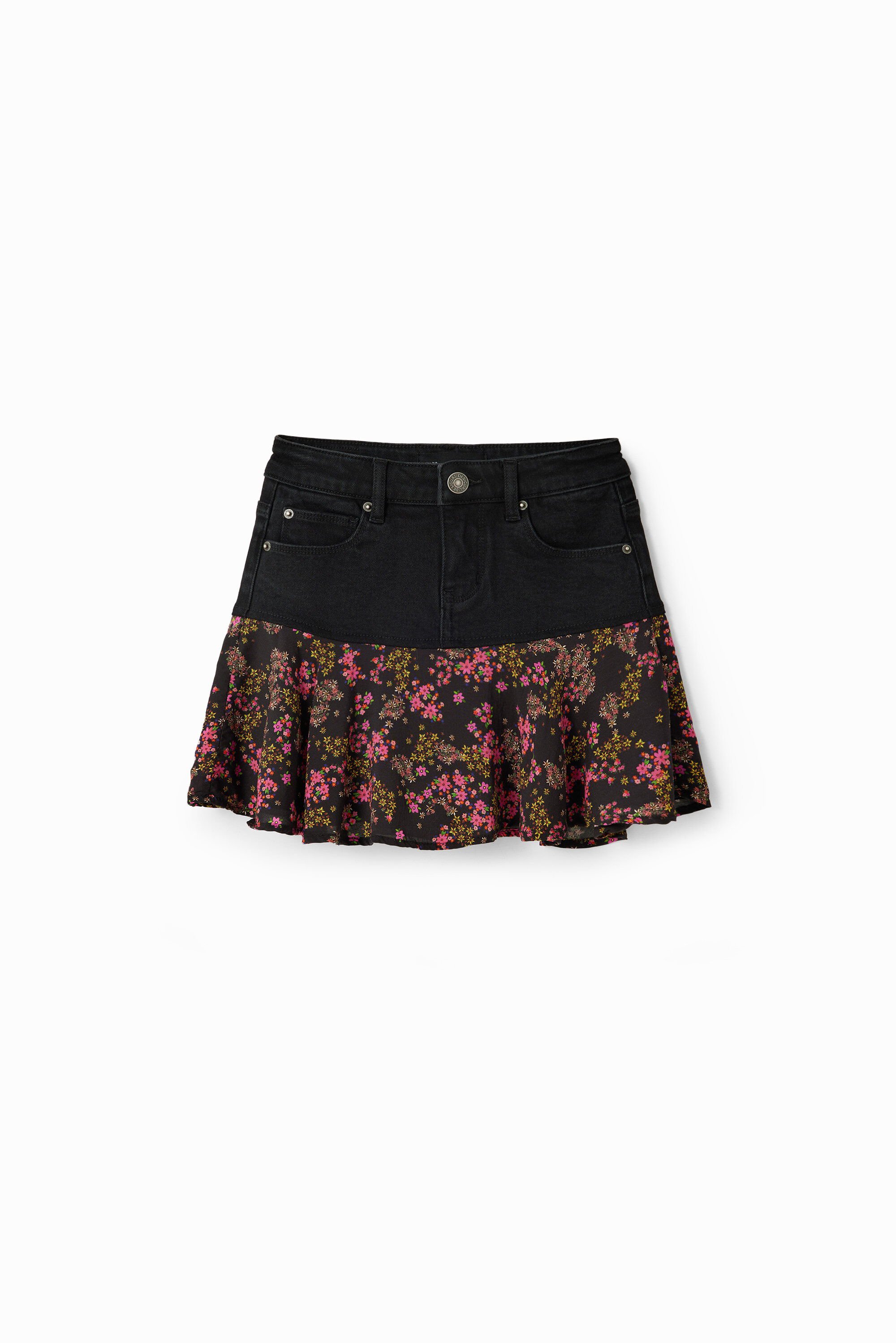 Desigual Minispijkerrok met ruche en bloemen - BLACK