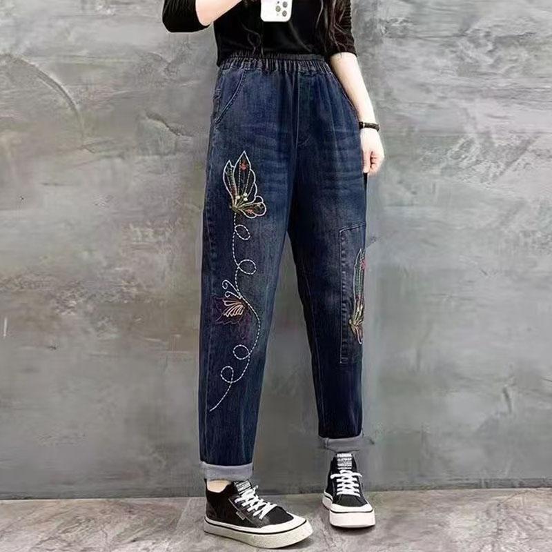 Fashion Girls Exclusive Vintage vlinderborduurwerk denim broek dames herfst losse streetwear jeans vrouwelijke hoge taille casual damesbroek S