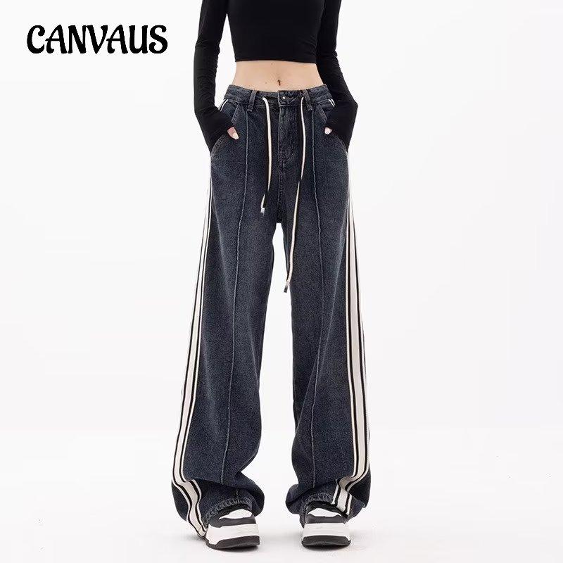 CANVAUS Plus-size retro rechte jeans met trekkoord Dames lente en zomer losse rechte broek met wijde pijpen S