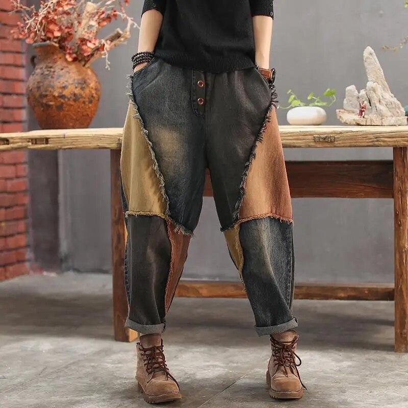 Ki Wi Lente Dames Hoge Taille Retro Harembroek Jeans Casual Mode Harajuku Katoenen Broek Patchwork Wijde Pijpen Radijs S bruin