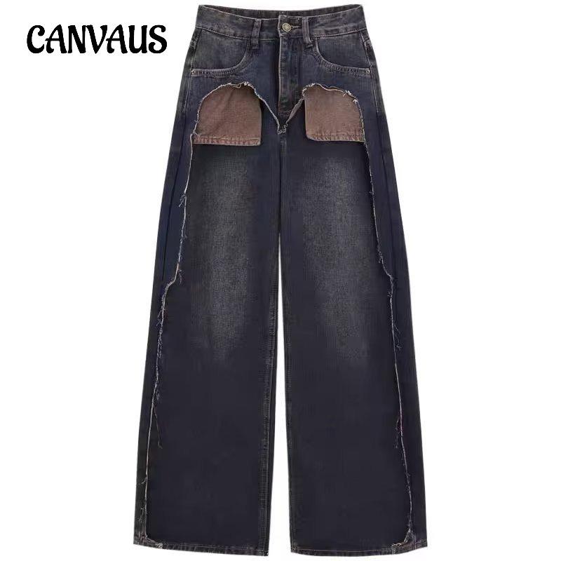 CANVAUS Patchwork Jeans Dames Hoge taille Dunne rechte broek met wijde pijpen Lange broek S blauw