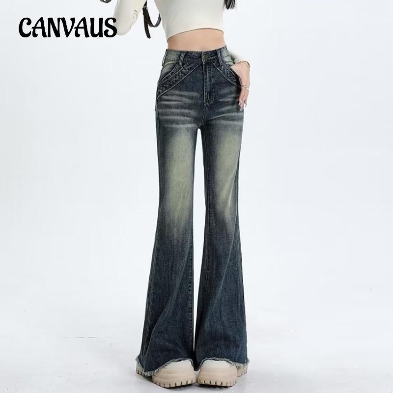 CANVAUS Vintage Raw Edge Micro Flare Jeans Plus Size Dames Lente en herfst Hoge taille Skinny Honderden Drag Flare-broeken S blauw