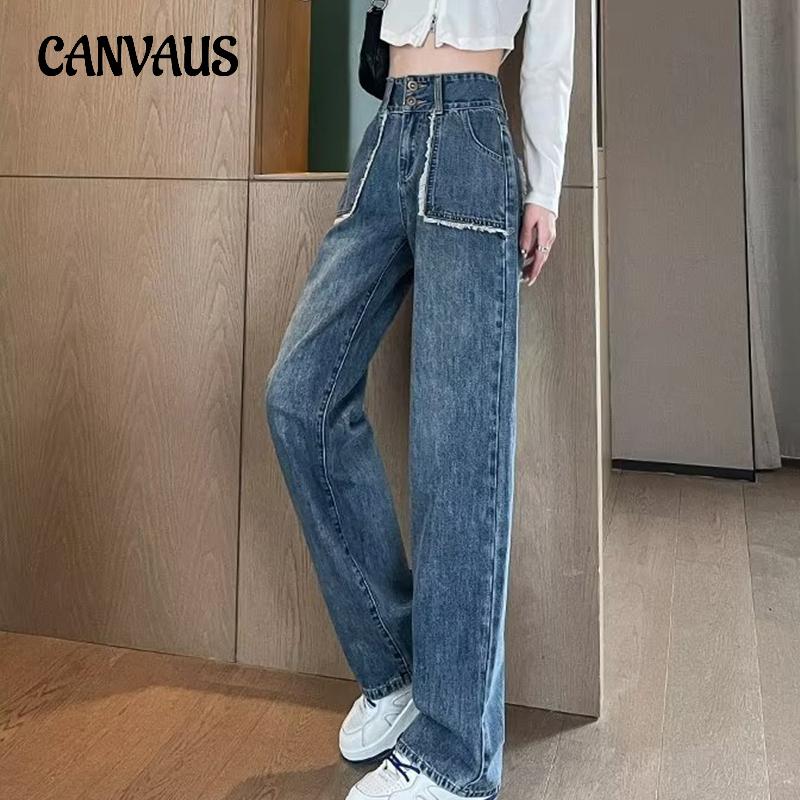 CANVAUS Retro-jeans met wijde pijpen met hoge taille voor dames Lente en zomer Grote maten broek Rechte gedrapeerde sleepbroek Tide S blauw