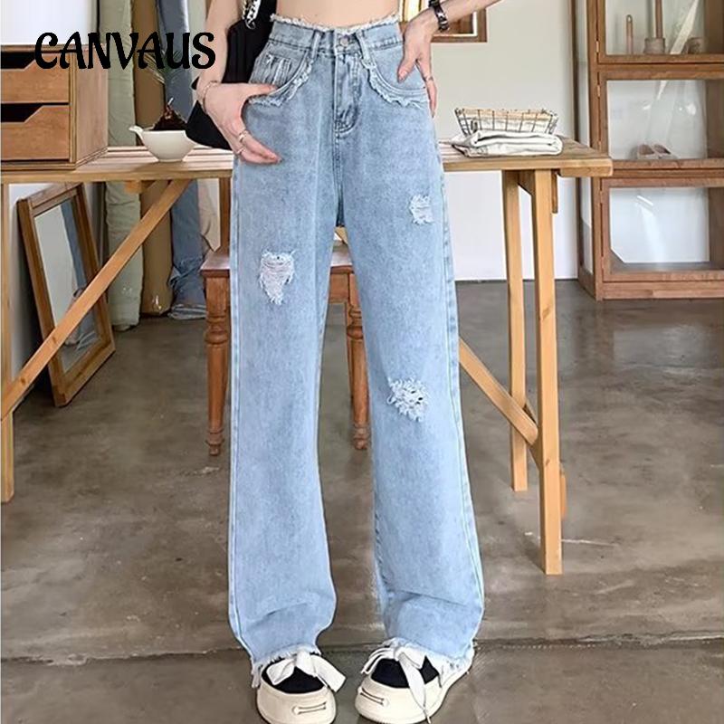 CANVAUS Gescheurde jeans met wijde pijpen voor dames Plus-size broeken Lente zomerbroek Ruwe rand Hoge taille Losse peervorm Body Straight Drag-broek S