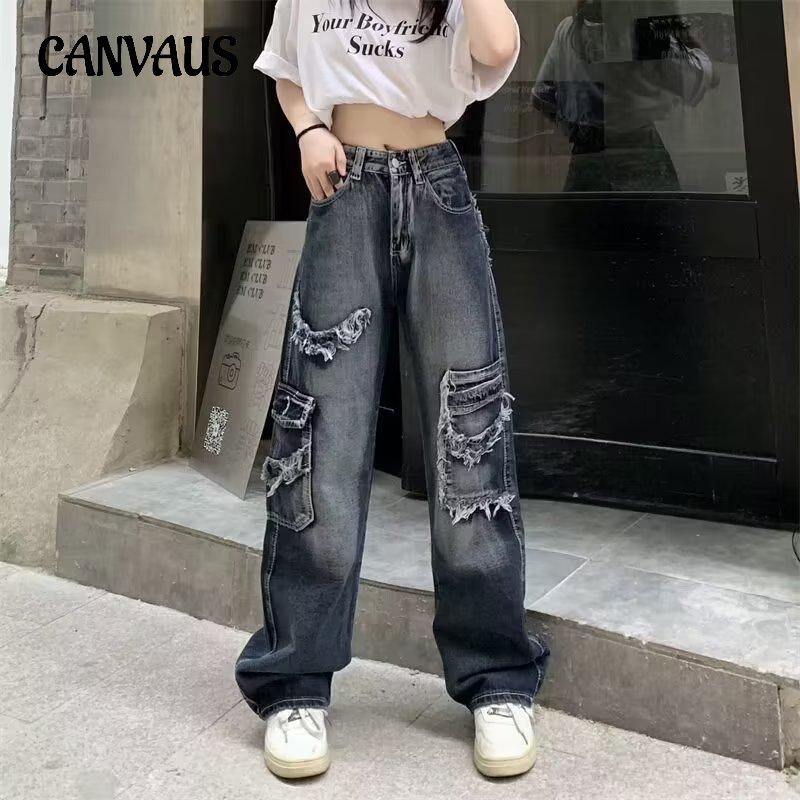 CANVAUS Vintage jeans voor dames lente herfst zomer losse wijde pijpen broek plus size broek tij S blauw