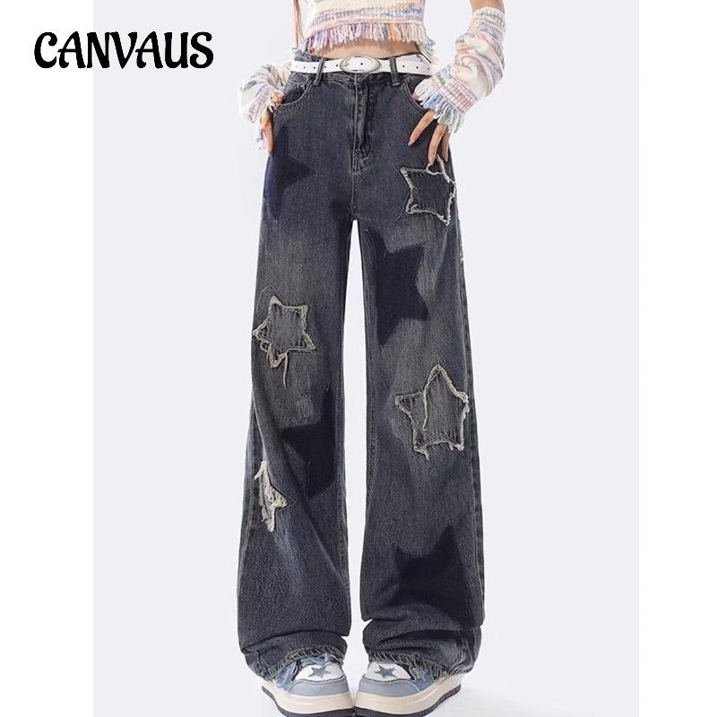 CANVAUS Vintage Raw Edge Jeans voor dames, hoge taille, losse rechte broek, wijde pijpen XS donkerblauwe kleur