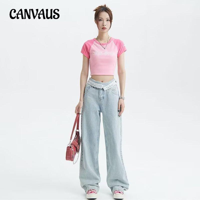 CANVAUS Broekjeans met rechte pijpen voor dames Lente en zomer Losse dunne sleepbroek met wijde pijpen en hoge taille XS