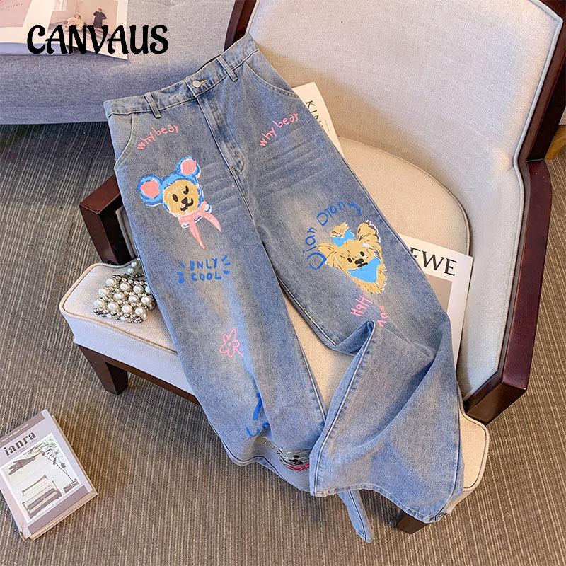 CANVAUS Lente Zomer Herfst Damesjeans Plus Size Gedrukte rechte broek met elastische taille 2XL blauw