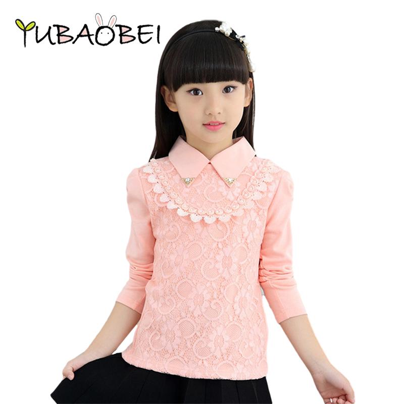 YUBAOBEI Lente / Herfst Baby Girl's White Shirt Kinderen School Meisjes Lace Tops Kinderen Katoen Blouse 11-12 Years roze