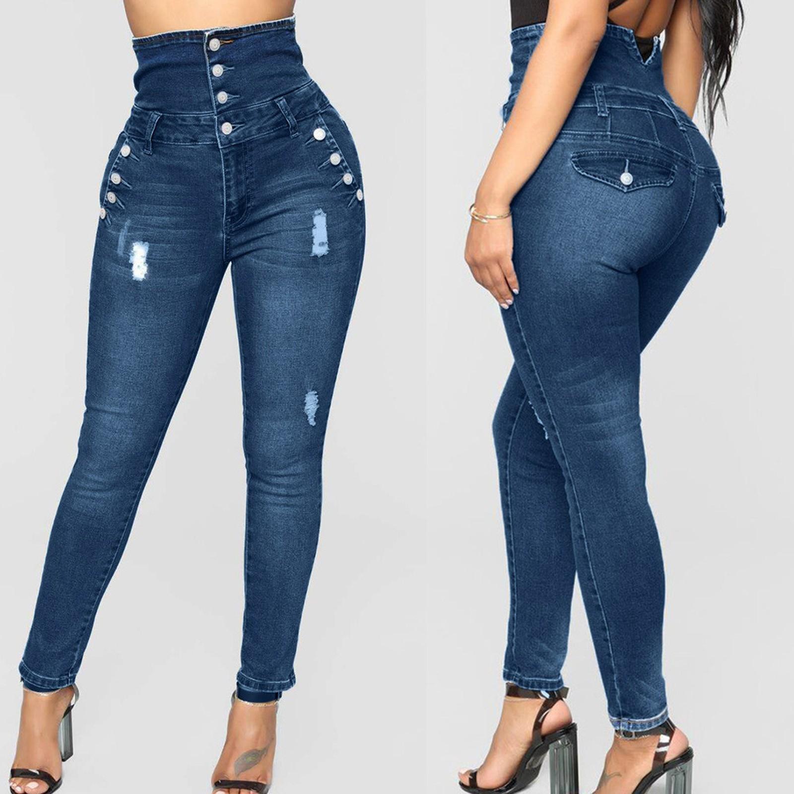 EL80HK Dames Grote maten Gescheurde stretch-slanke denim skinny jeans met hoge taille en vier rijen M blauw