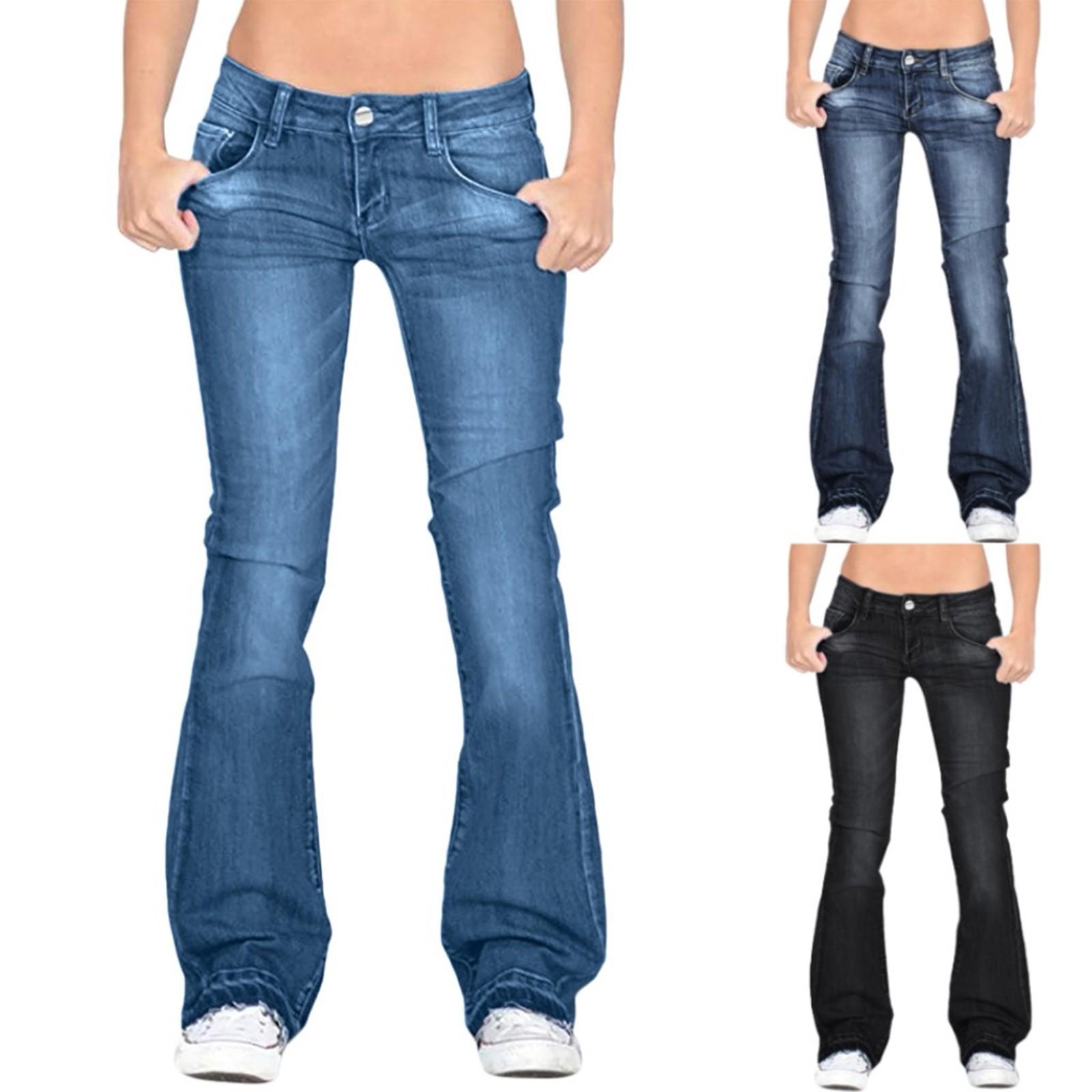 EL80HK Dames Flare Jeans Mid Taille Bell Jeans Stretch Slim Broeklengte Jeans M zwart