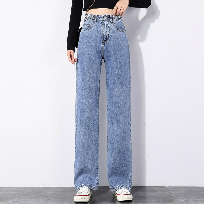 EL80HK Rechte jeans dames plus maat hoge taille denim broek wijde pijpen vintage streetwear volledige lengte broek lente zomer L blauw