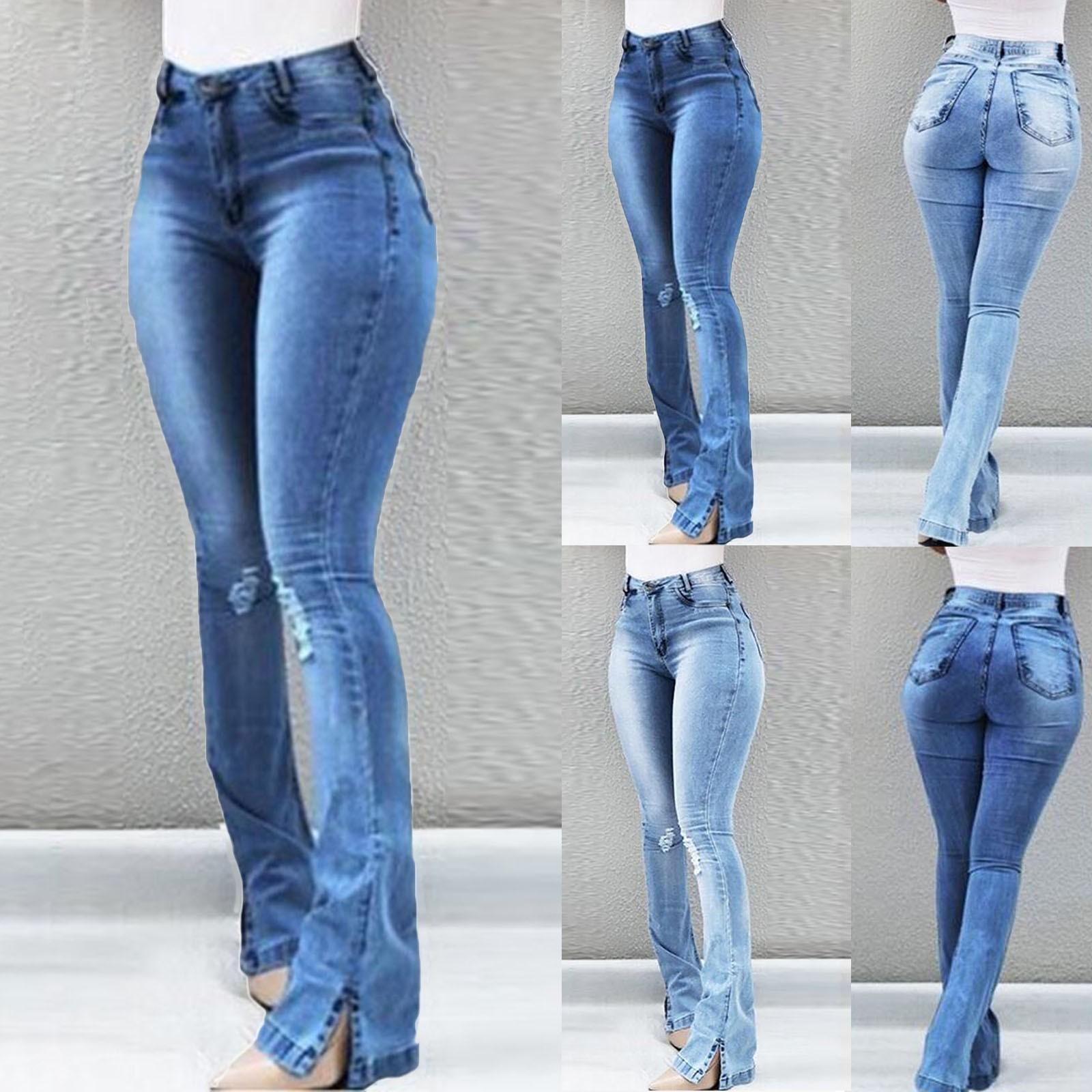 CN82ST Dames skinny broek met hoge taille, stretch, slanke knoop, gat flare broek, denim jeans L lichtblauwe kleur