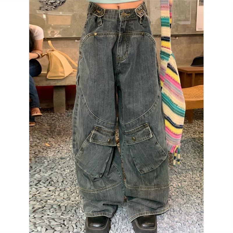 YUMI wardrobe Straat Cargo Jeans Vrouwen Grote Zak Oversize Losse Vrouwelijke Denim Broek Lente Herfst Hip Pop Retro Dame Wijde Pijpen Broek S grijs/blauw