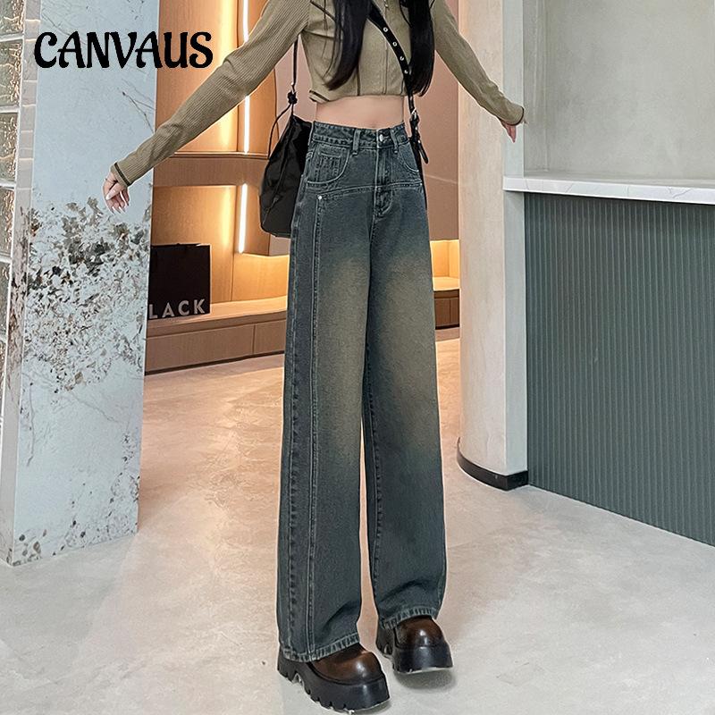 CANVAUS Jeans met hoge taille en wijde pijpen voor dames. Skinny, veelzijdige rechte broek met gedrapeerde split S