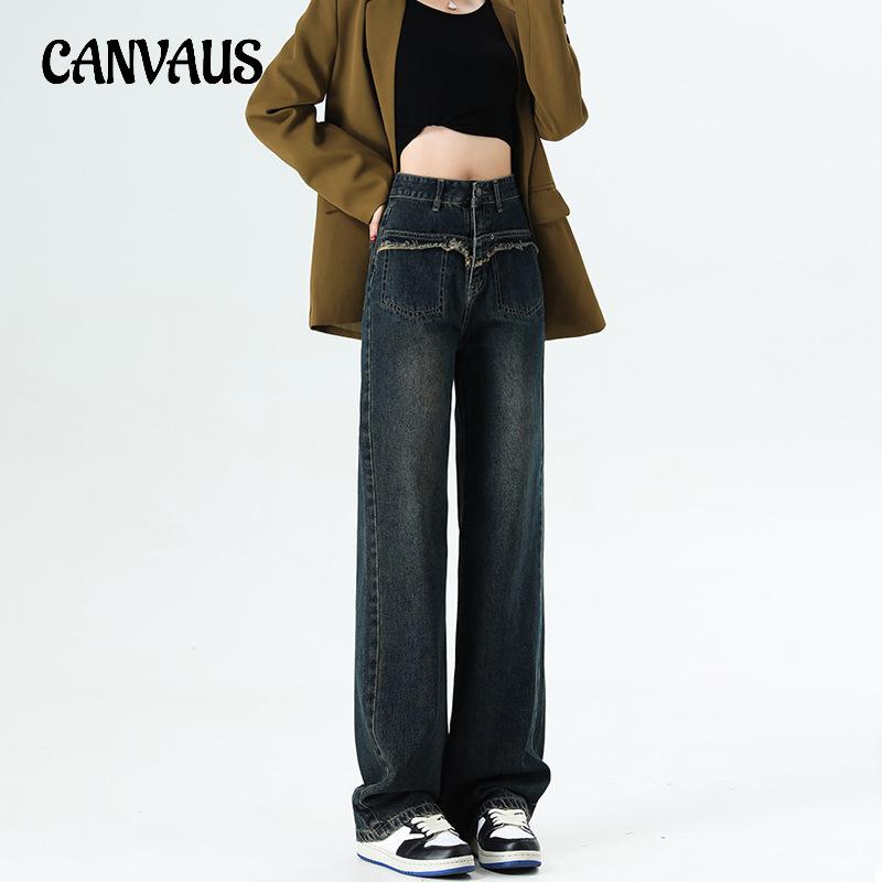 CANVAUS Rechte damesbroek Lente, zomer en herfst Losse broek Jeans met wijde pijpen Casual sleepbroek met hoge taille 25