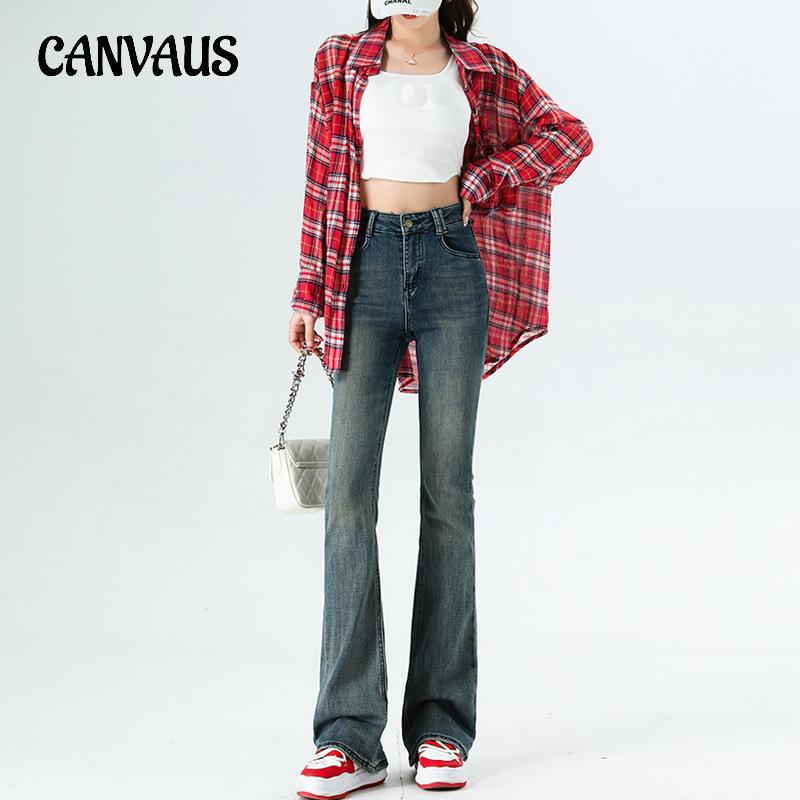 CANVAUS Micro-grote jeans met hoge taille voor dames Slanke en skinny, veelzijdige casual flare-sleepbroek met stretch S