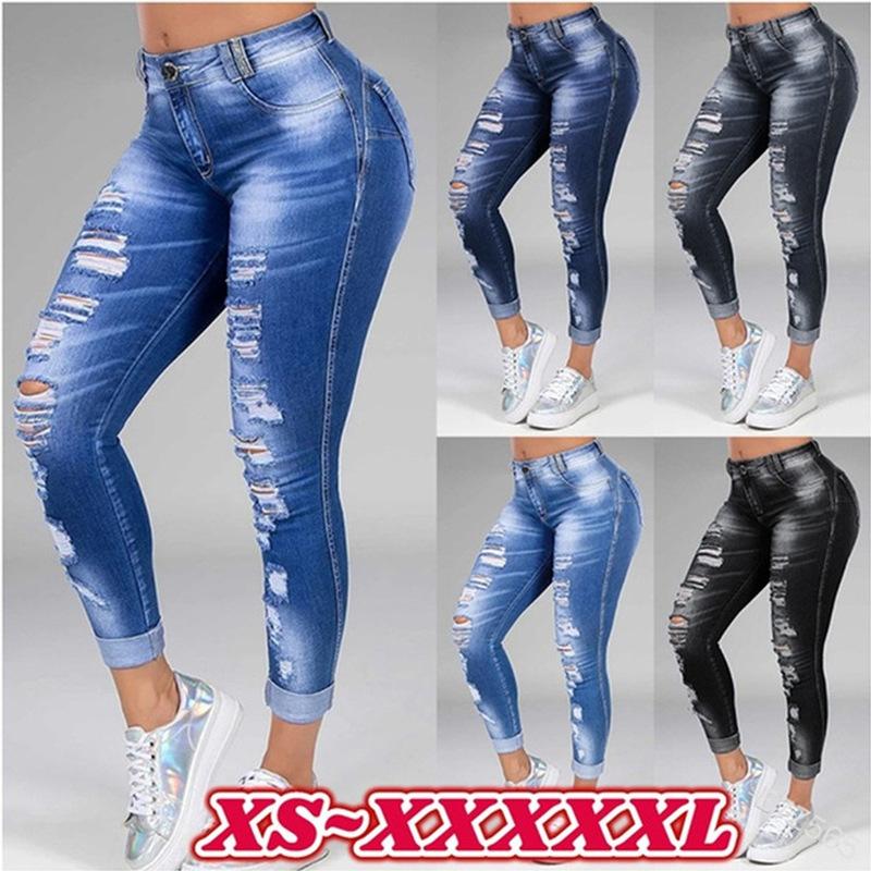 Miss Hong Wardrobe Hoge Taille Skinny Ripped Jeans Vrouwen 2024 Mode Broek Gewassen Denim Jeans Holle Gat Gebleekte Potlood Broek Plus Size S-6XL S blauw