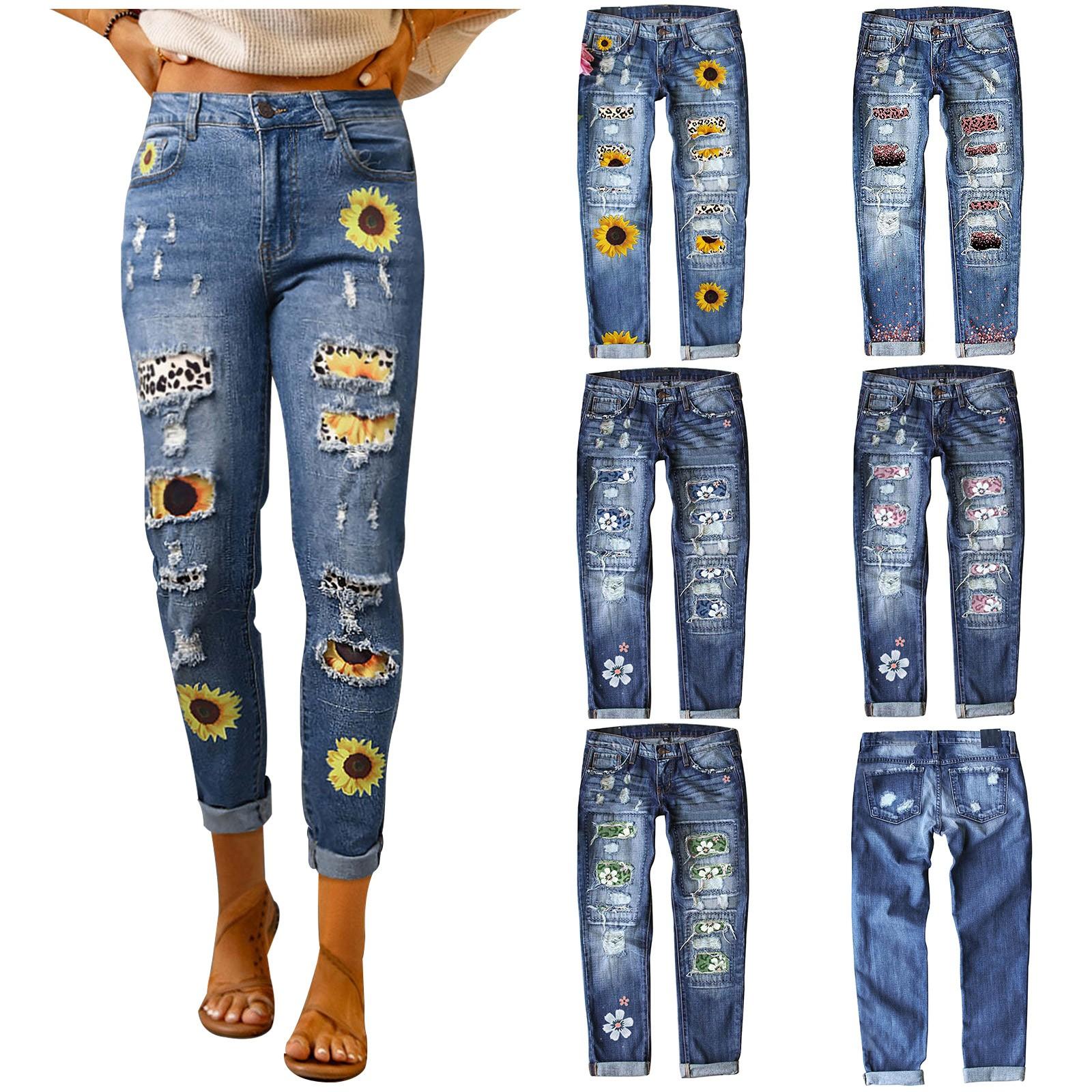 XK22GD Dames blauwe bloem bedrukte stretch jeans hoge taille broek patch gescheurde vernietigde denim broek skinny broek L donkerblauwe kleur