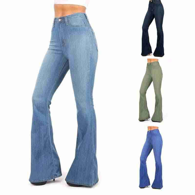 XK22GD Vrouwen Mode Vintage Juniors Bell Bottom Broek Hoge Taille Getailleerde Denim Jeans Potlood Broek L zwart