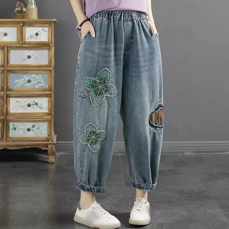 Mille Lente dames geborduurde patch jeans elastische taille losse negenpunts harembroek XXXL blauw