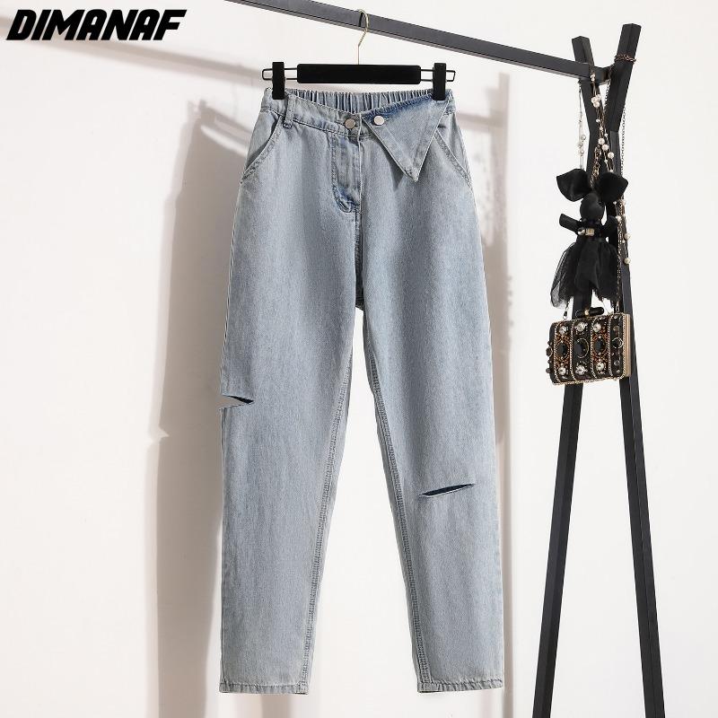 Dimanaf 2024 Plus Size Vrouwen Jeans Broek Denim Harem Dame Elastische Taille Broek Vintage Oversize Gat Mode Dame Lange Broek XL blauw