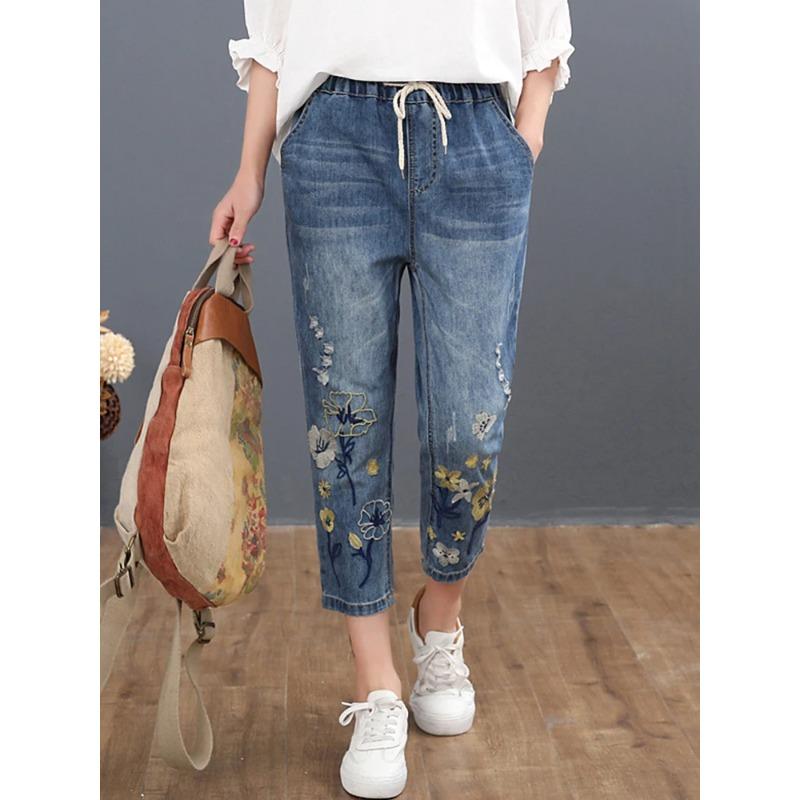 Landon Chinese Herfst Mode Stijl Dames Vintage Borduren Jeans Vrouwen Casual Bloemen Denim Broek Gescheurde Harembroek S blauw