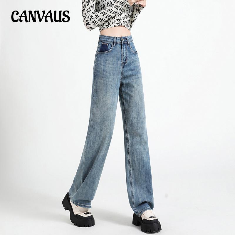 CANVAUS Lente en zomer damesjeans met borduursel, rechte broek, hoge taille, losse, slanke wijde pijpen, sleepbroek S