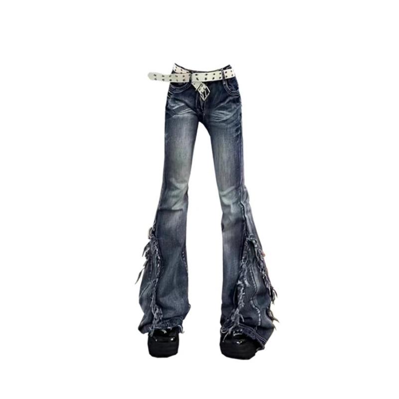 Exotic Amerikaanse Retro Y2K Flare Jeans Scratched Slim Bell Bottoms Damesmode Gyaru Denim Broek Ruwe Rand Broek Hip Hop High Street S blauw