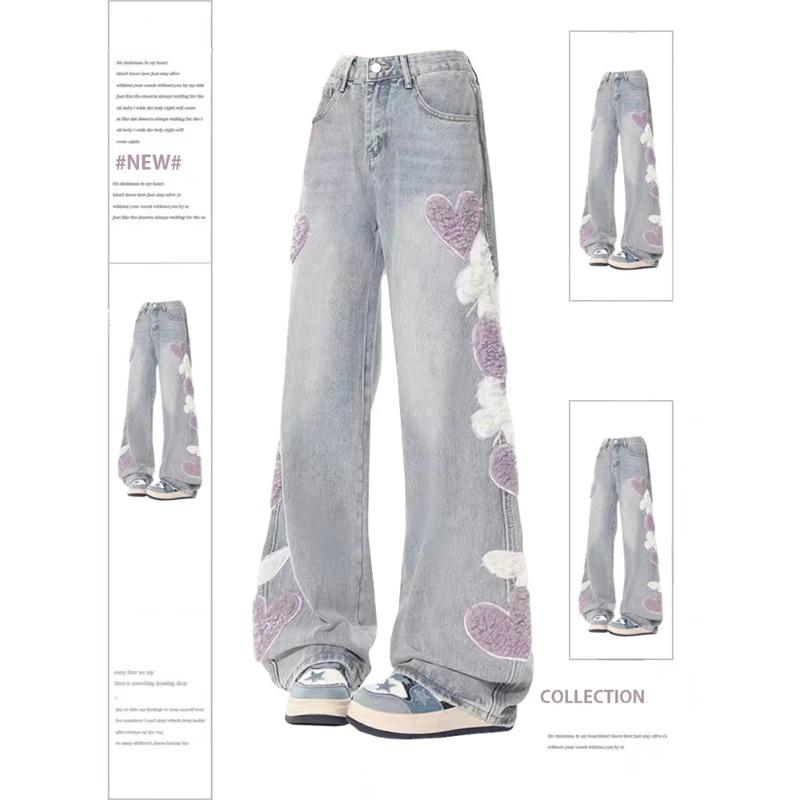 Exotic Vrouwen Jeans met hart Vintage Y2k 90s Esthetische Baggy Denim Broek 2000s Harajuku Kawaii Brede Cowboy Broek Trashy Kleding 2024 S lichtblauwe kleur