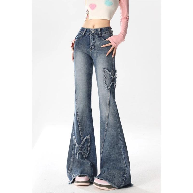 Exotic Dames Blue Flare Jeans Baggy Vintage jaren 90 Esthetische Lage Taille Cowboy Broek Harajuku Denim Broek Y2k Trashy Emo 2000s Kleding S blauw