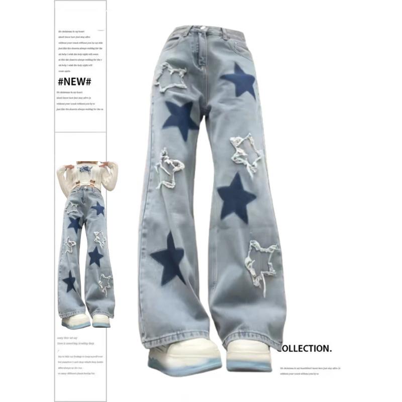 Exotic Dames Baggy Blue Star Jeans Vintage Y2k jaren 90 Esthetische Denim Broek Harajuku Hoge Taille Brede Cowboy Broek Jaren 2000 Kleding 2024 S blauw