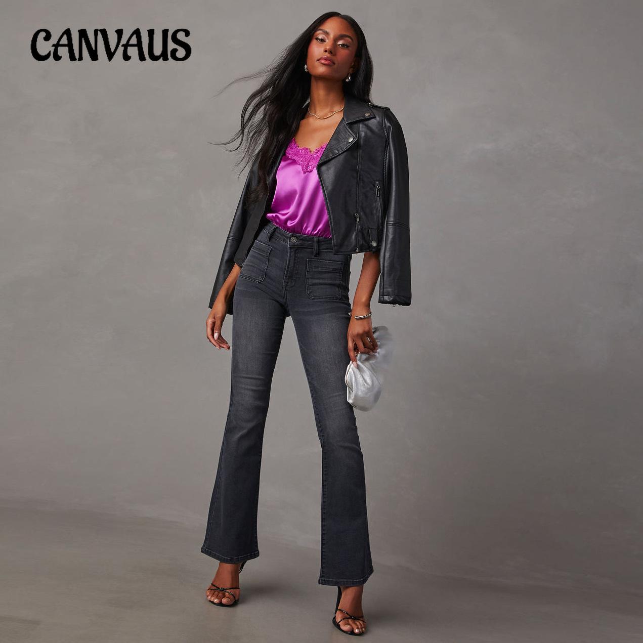 CANVAUS Lente, zomer en herfst damesjeans Retro broek met hoge taille Dunne elastische broek Micro Flare Jeans S zwart